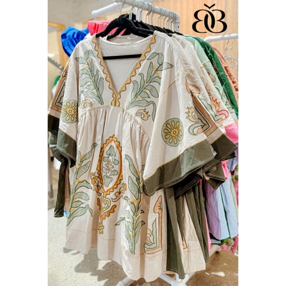 Beige & Green Boho Embroidered V Neck 3/4 Sleeve Babydoll Mini Dress - Picture 16 of 16